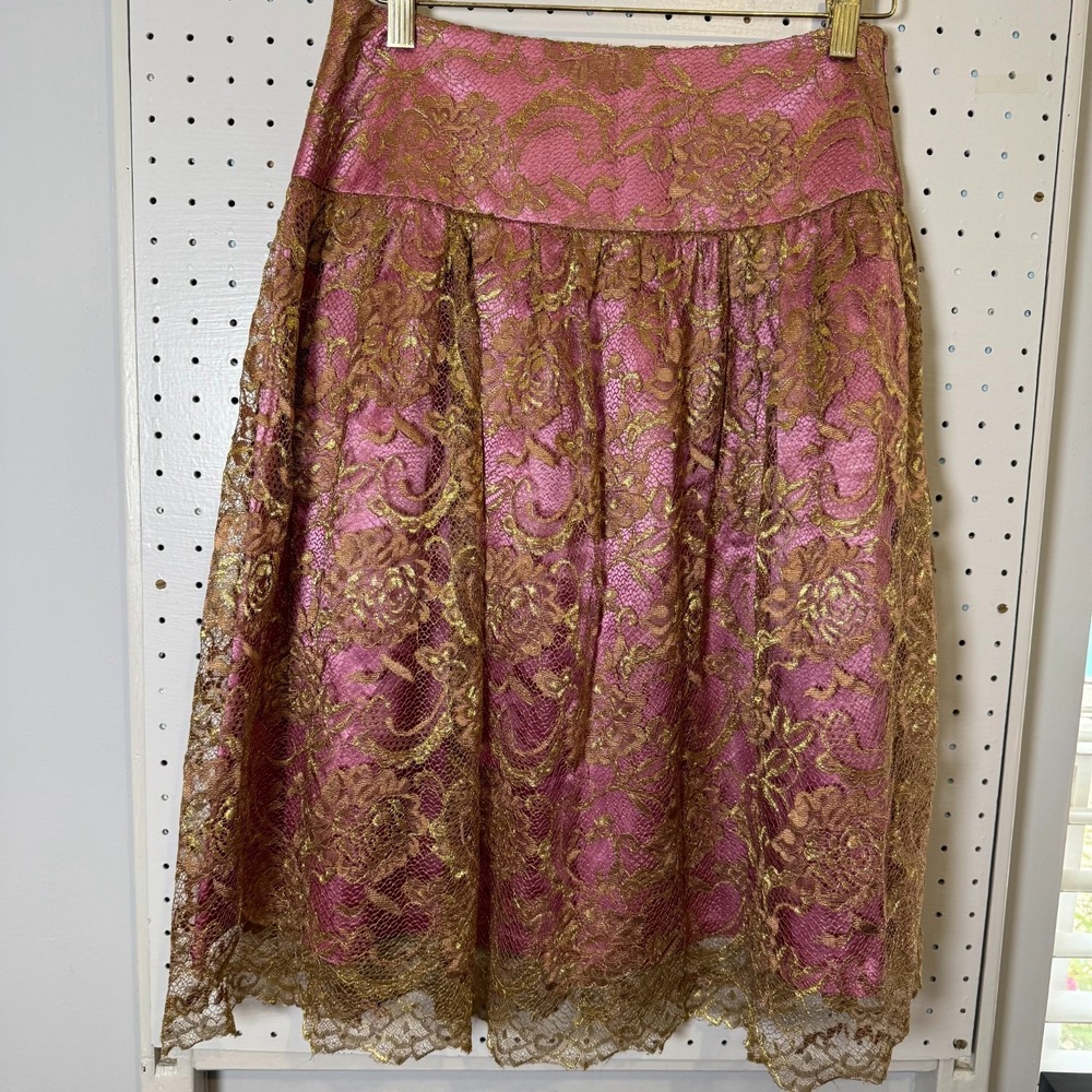 Trina Turk Los Angeles Lace Midi Skirt Women's 4 Pink Gold‎ Metallic Lace Zipper